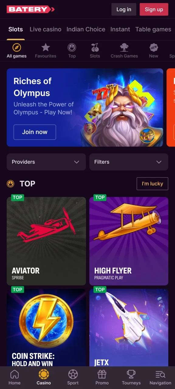 The Batery app offers a wide range of casino games.