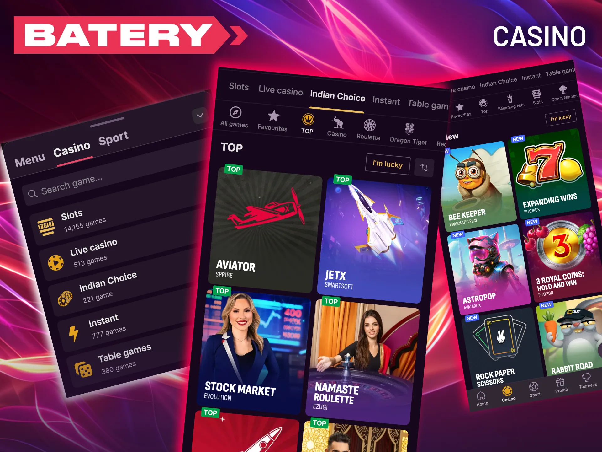 Enjoy slots, crash games, and table classics in Batery’s mobile casino.