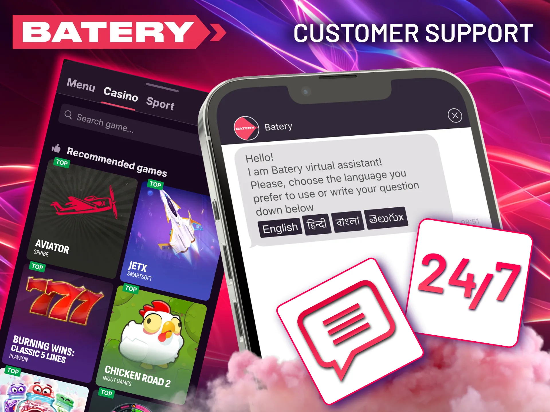 Batery support contact options: live chat and email, available in Hindi, Bengali, and English.