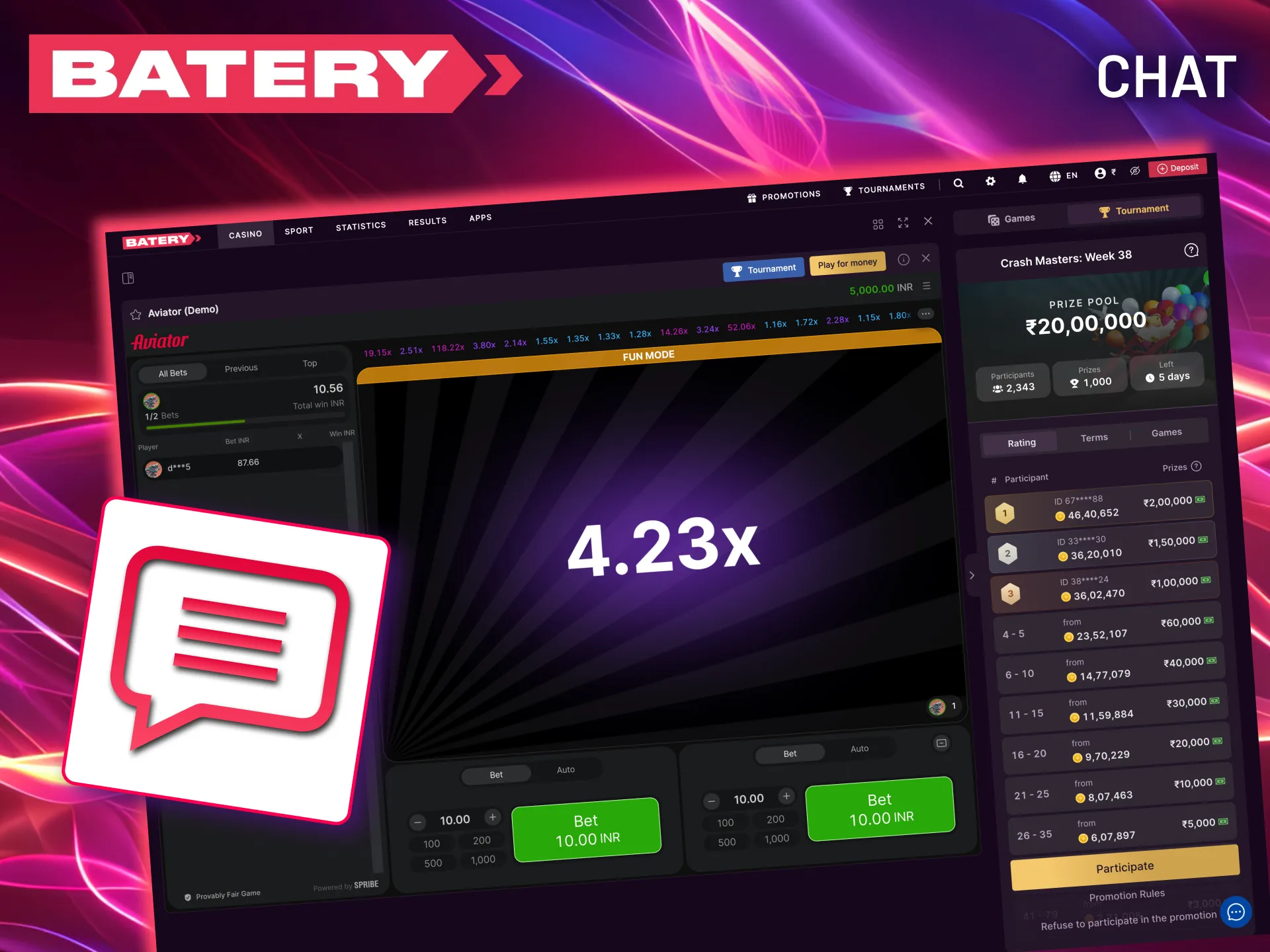 Hide or use the chat while playing Aviator on Batery with real bets.