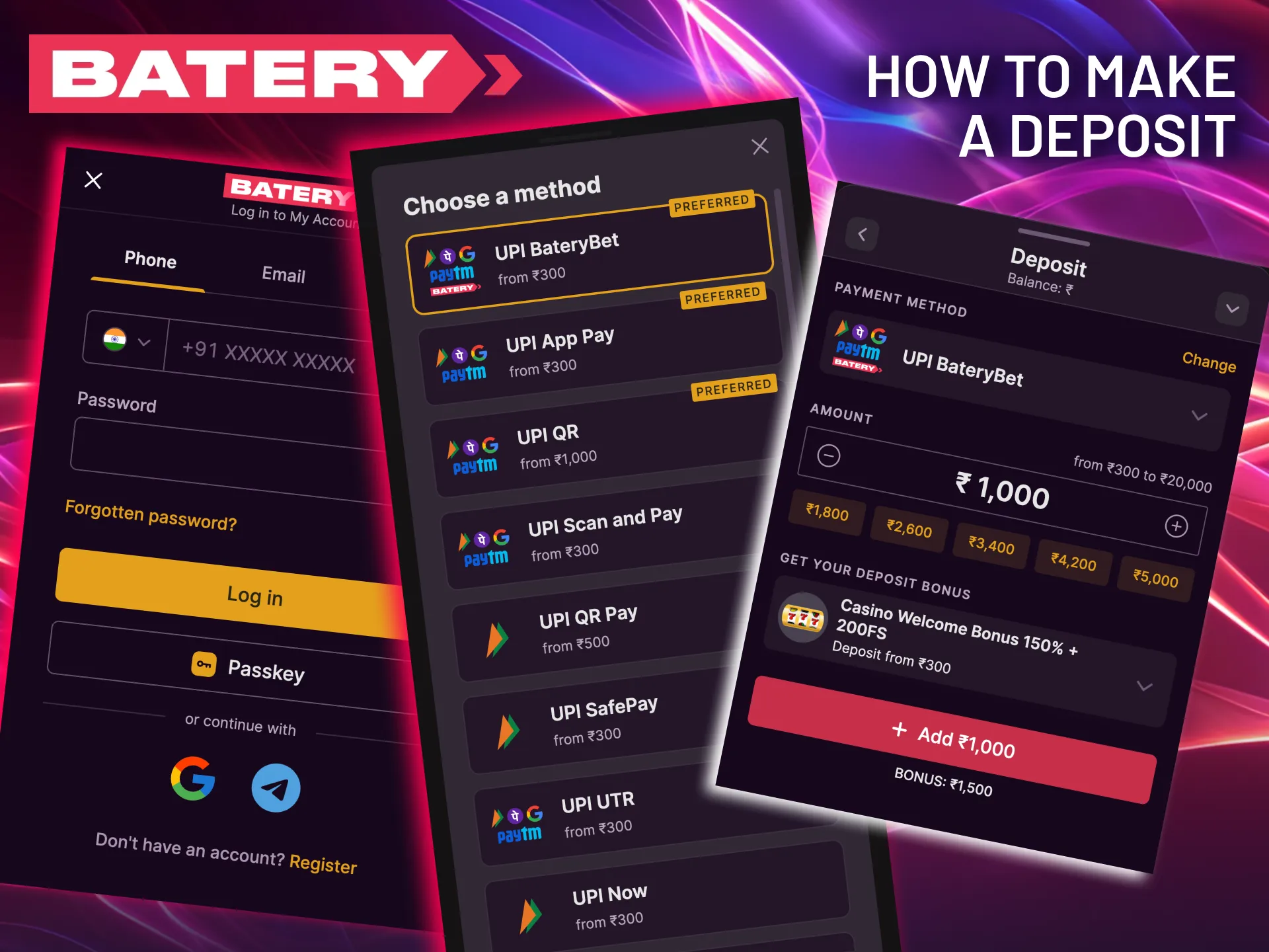 Click Deposit, choose a payment method, and confirm your transaction on Batery.