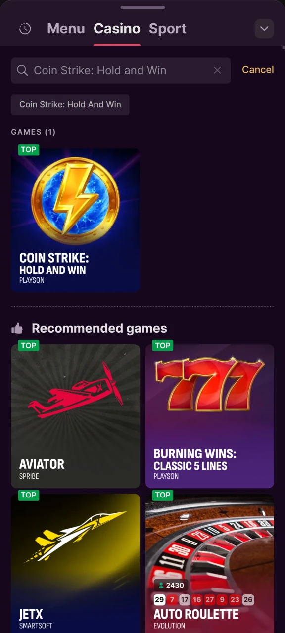 Find Coin Strike in the Batery casino games section and open it.