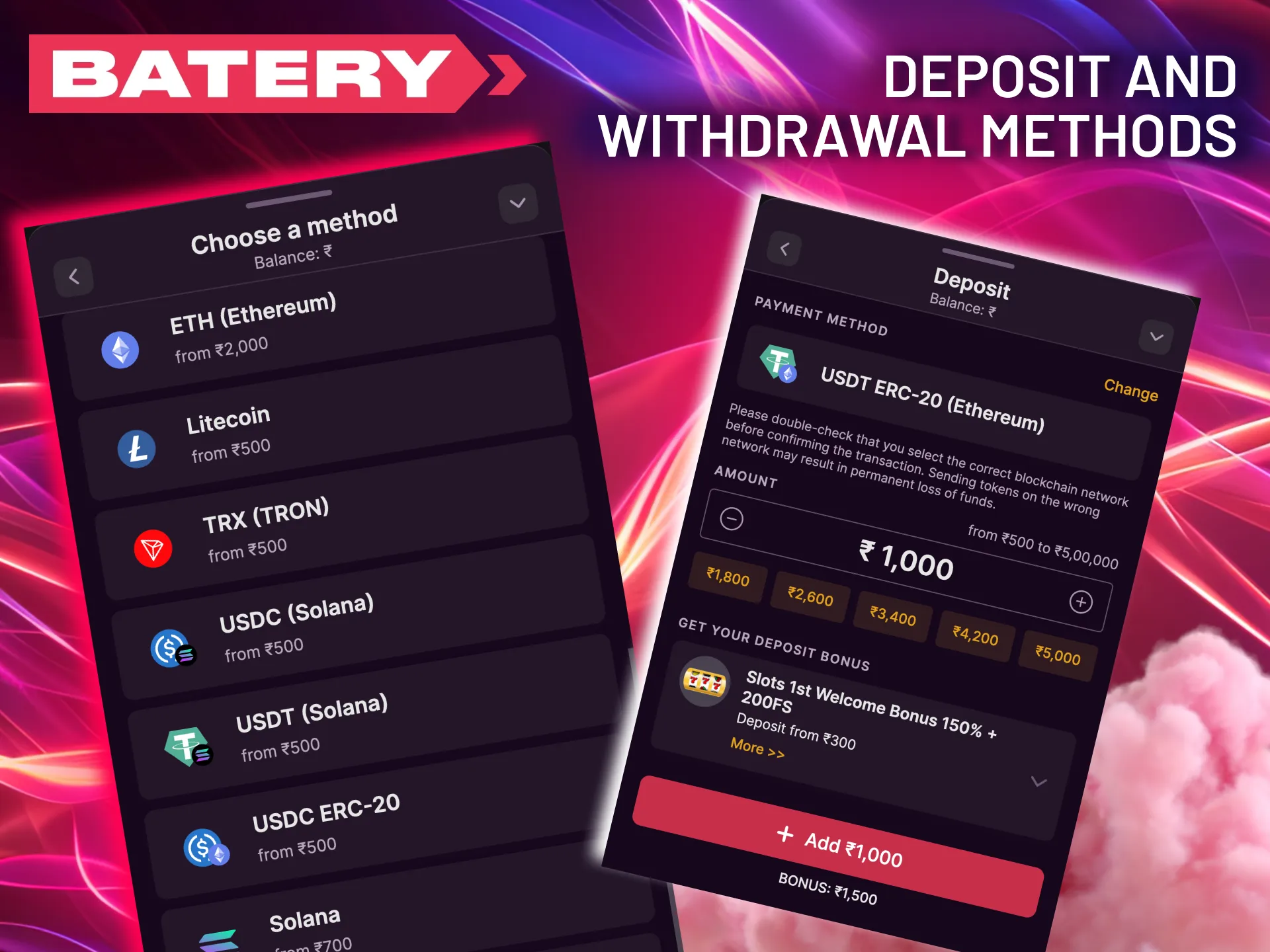 Batery offers JetX payments via popular Indian methods and cryptocurrency options.