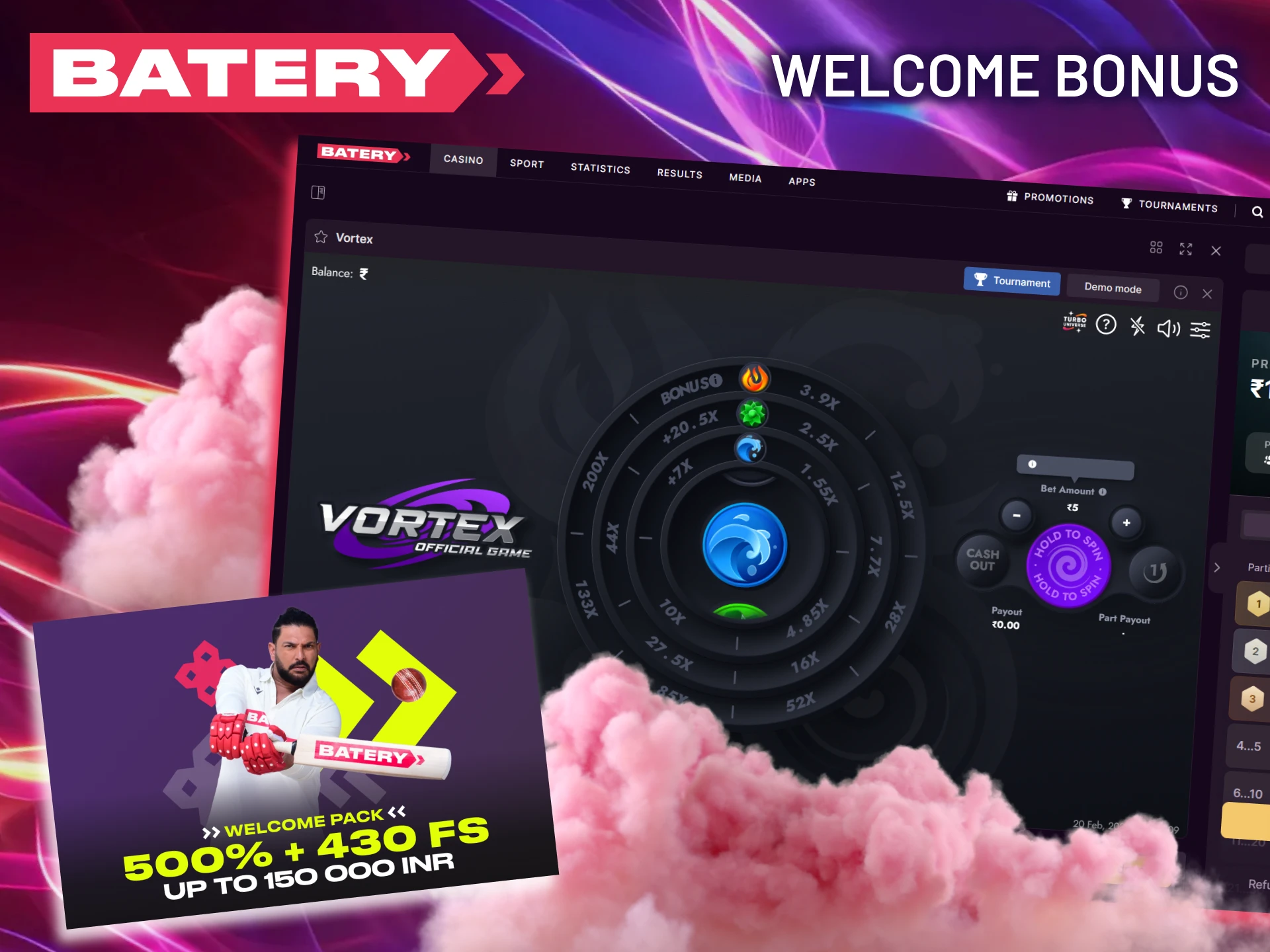 Get a welcome bonus from Batery after registering and start playing Vortex.