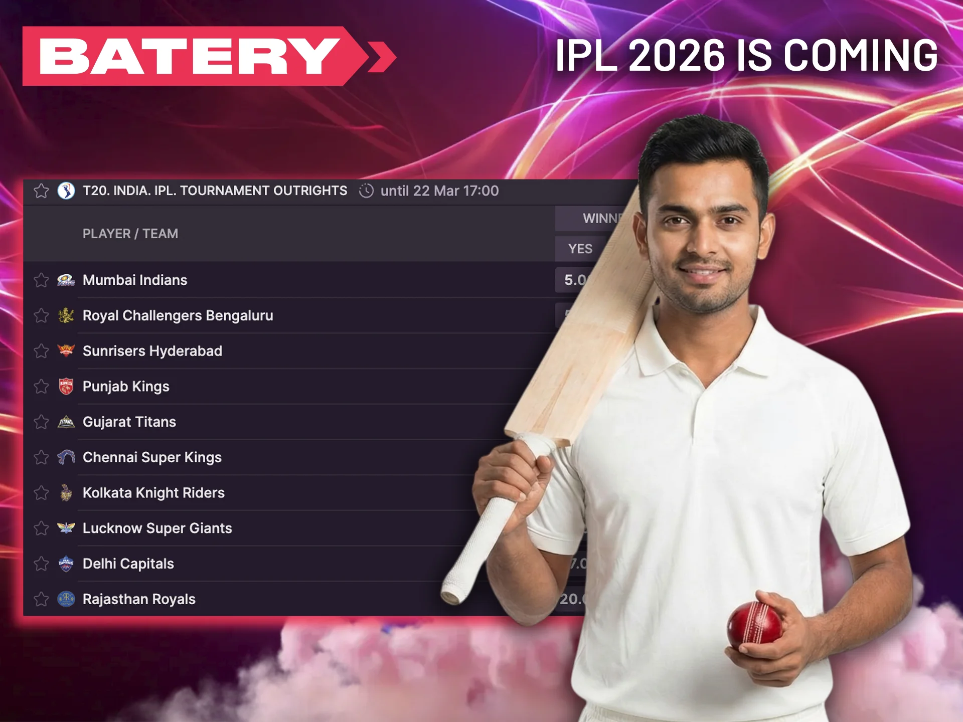 By choosing Batery as your bookmaker, you get an excellent opportunity to place bets on the IPL and win regularly.